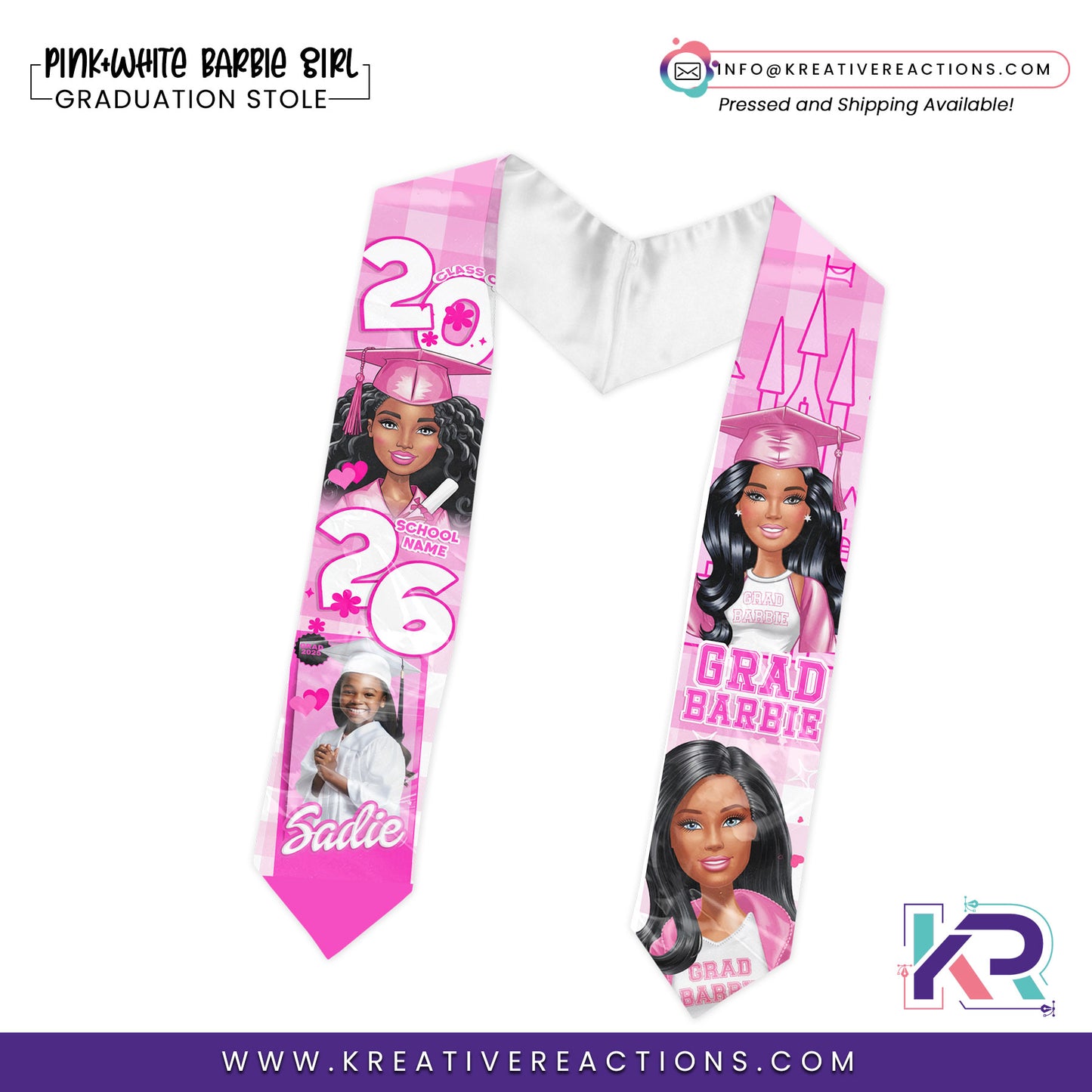Pink+White Barbie Girl Graduation Stole