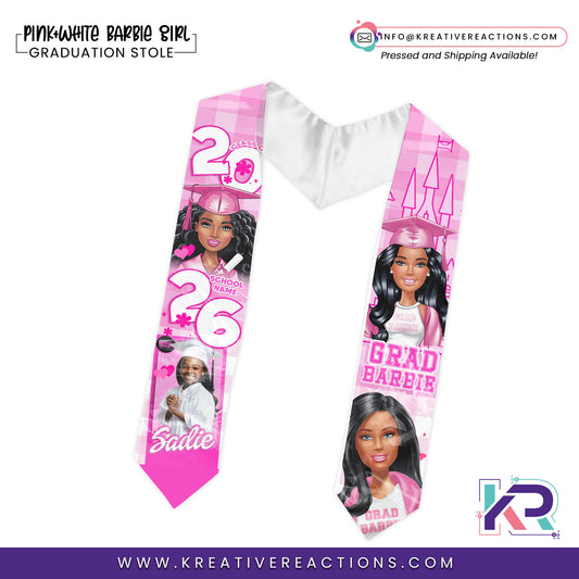 Pink+White Barbie Girl Graduation Stole